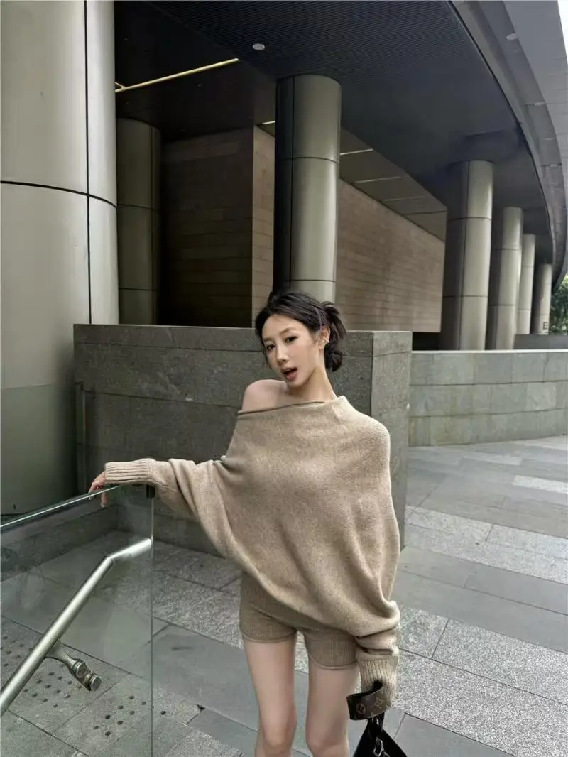 Korejpaa Elegant Sweater Short Sets Women Autumn Winter Slanted Shoulder Knitted Sweaters High Waist Shorts Two Piece Set