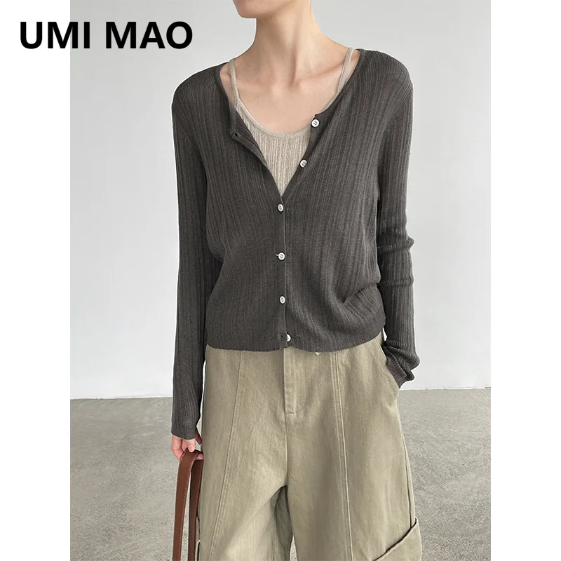 UMI MAO Minimalist Two-piece Design Long-sleeve Knit Top Femme Autumn Collection Versatile Color-block Top Women