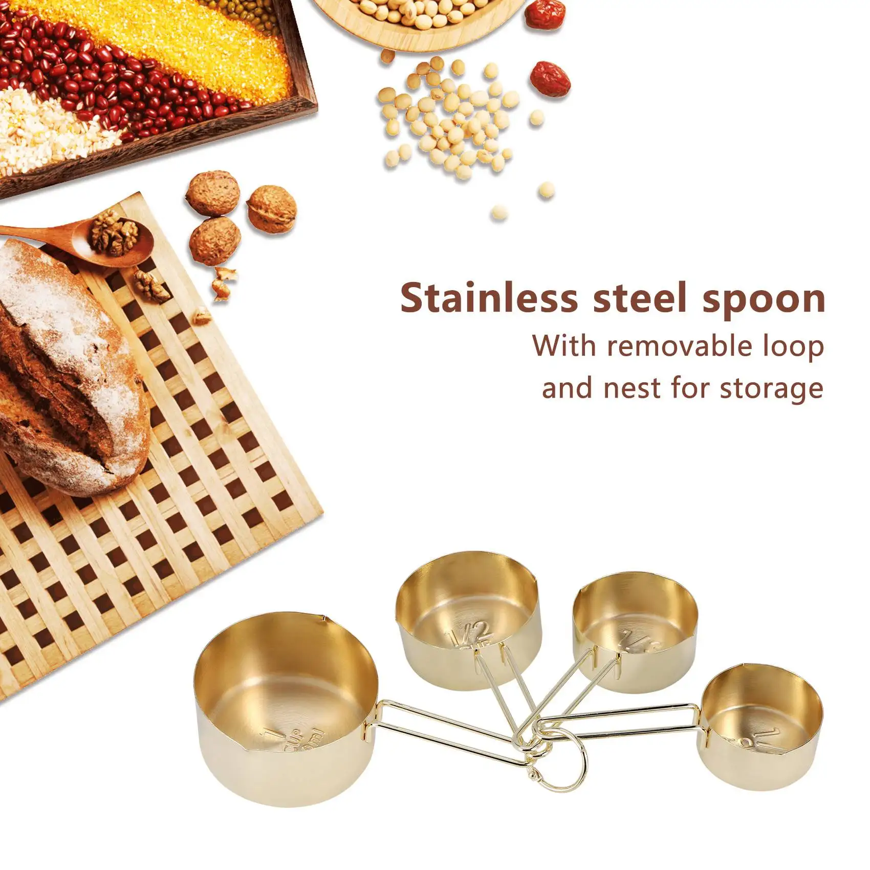 Gold Measuring Cups Measuring Spoons Set Stainless Steel 8 PIECE Dry and Liquid Ingredients Cooking Utensils