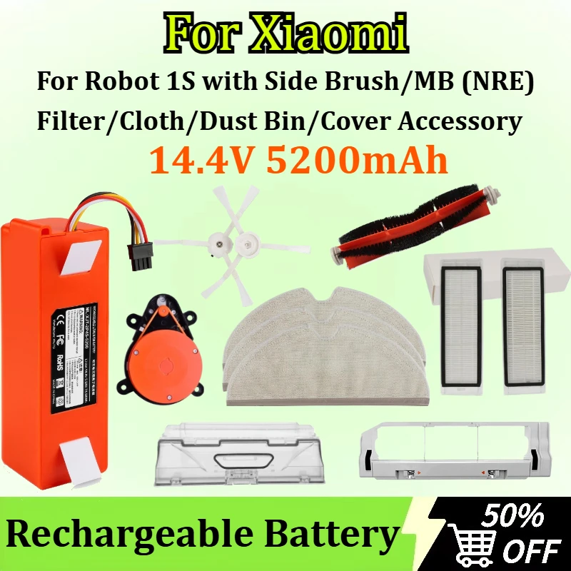 

14.4V 5200mAh Robotic Vacuum Cleaner Battery for Xiaomi Robot 1S with Side Brush/MB (NRE)/ Filter/Cloth/Dust Bin/Cover Accessory