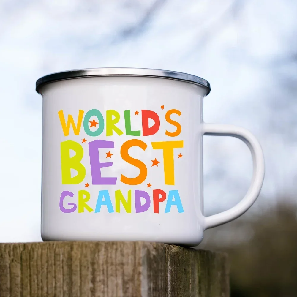 Coffee Beer Cups Drink Wine Juice Mug World's Best Grandpa Printed Enamel Mugs Dessert Cocoa Milk Handle Cup Best Gift