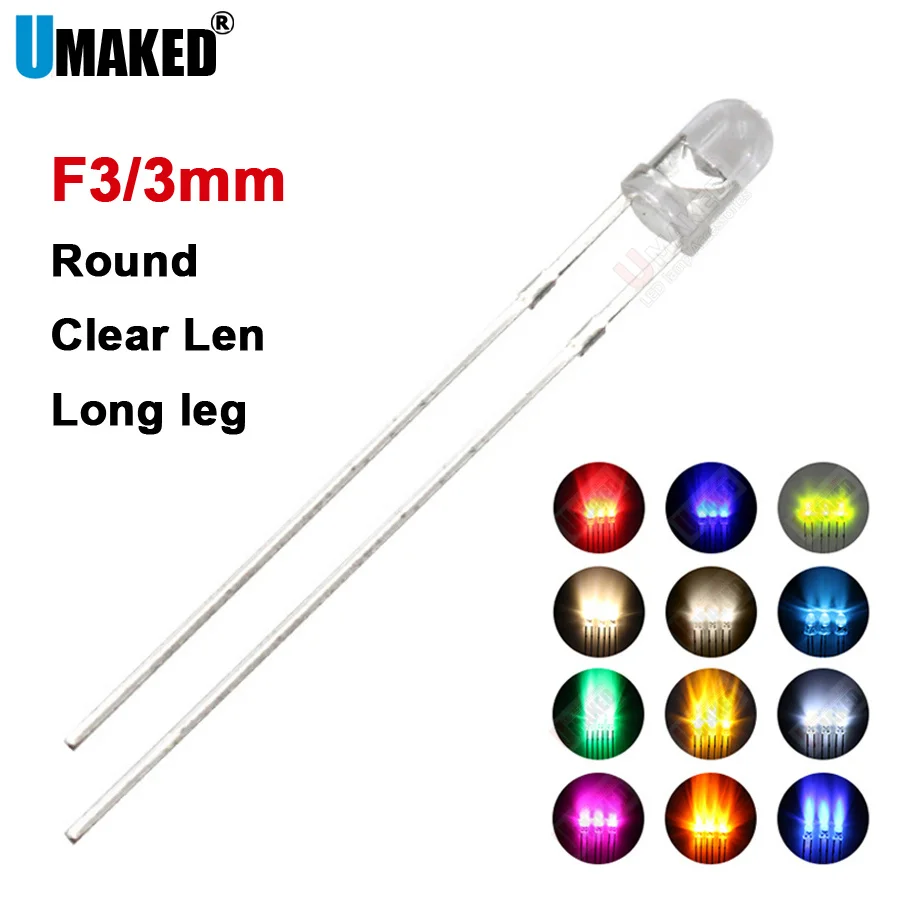 1000PCS F3 3mm Clear len 28mm leg LED round lamps diodes chip  light beads F3 led Emitting diodes WW/W/R/G/B/Y Lighting DIY lamp