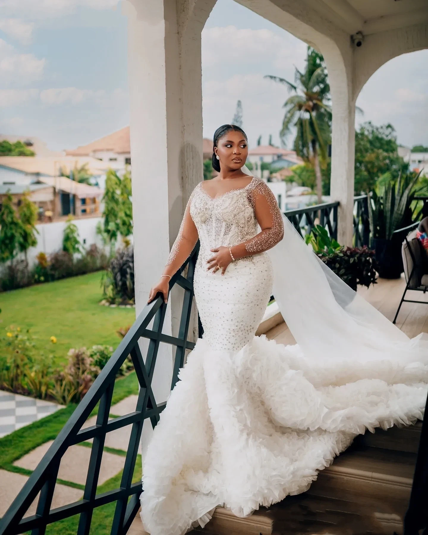Luxurious Mermaid Lace Beaded Crystal Wedding Dress Sexy Layered Transparent Collar Long Sleeve African Bridal Dress Customized