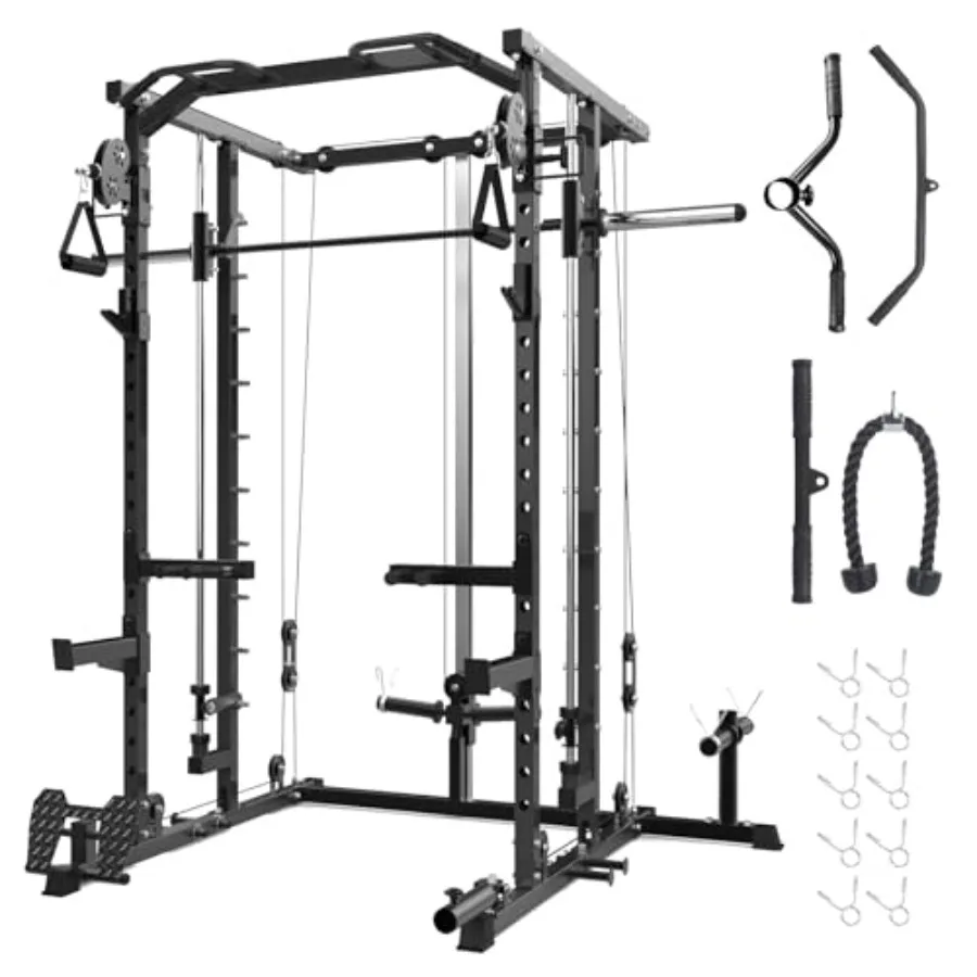 

Многофункциональная силовая рама (Smith Machine) для приседаний с блочным механизмом, турником для отжиманий и лат-пулдауном, усиленная конструкция