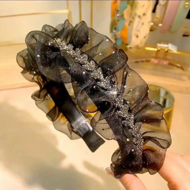 أربطة شعر شبكية سوداء فاخرة للفتيات والنساء - عصابة رأس أنيقة بحافة قابلة للتوسيع من حجر الراين