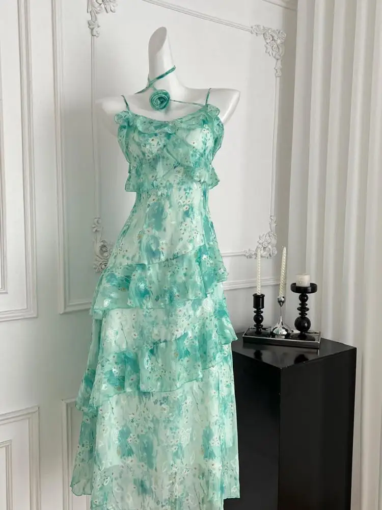 여름 섹시 하이웨이스트 러플 플리츠 파티 드레스 보헤미안 빈티지 여성 그린 플로럴 엘레강스 백리스 휴가 슬립 롱 드레스