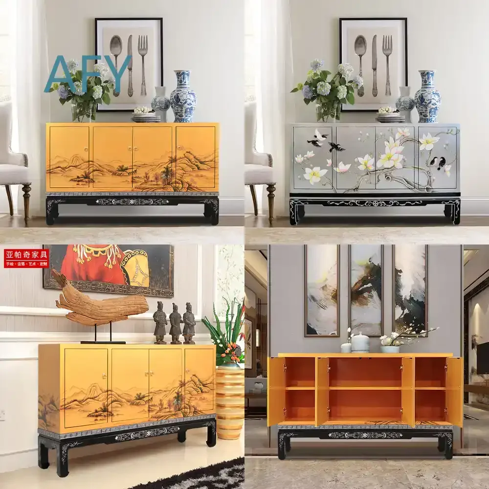 New Chinese Style Buffet Cabinet for Wall Mounted Tea Station Solid Wood Painted Entryway Console for American Living Room