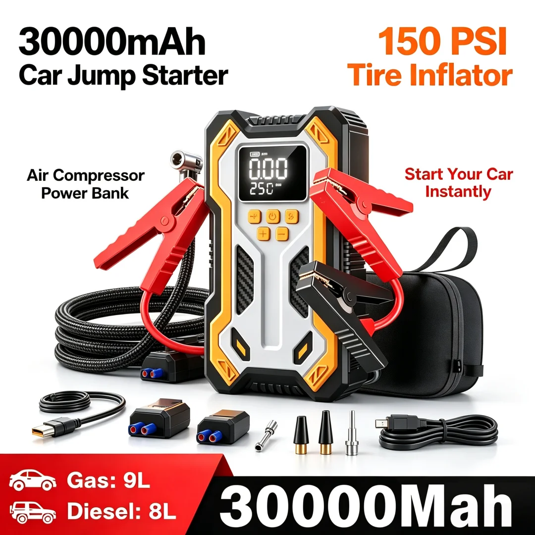 7000A Jump Starter with Air Compressor Portable Car Battery Booster (9.0 Gas/6.5L Diesel) with 160PSI Auto-Shutoff Tire Inflator