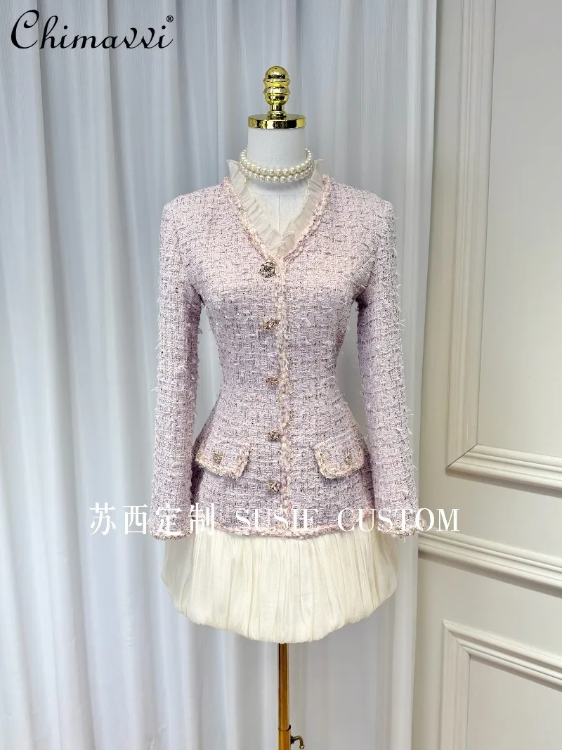 

High-end Fashion V-neck Ruffled Tweed Patchwork Pleated Hem Dress Autumn Winter New Long Sleeve Slim Elegant Short Women Dress