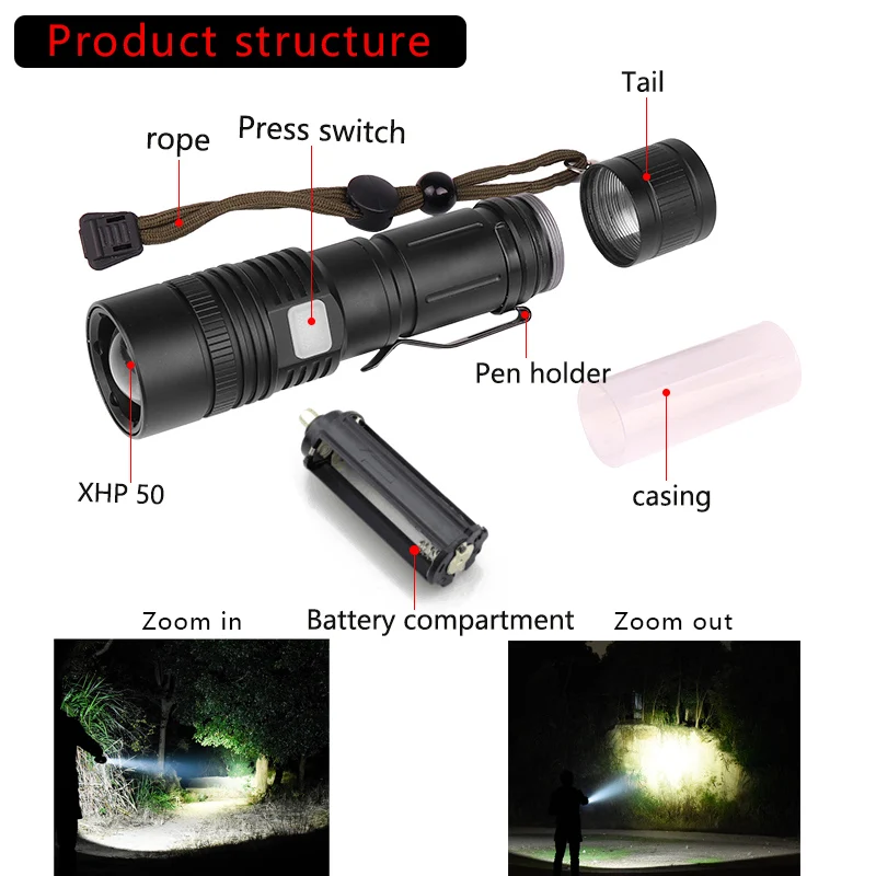 Flashlight XHP50 LED Flashlight USB Rechargeable Torch Zoom Flashlight T6 Flashlight Lantern with 18650/26650 Battery