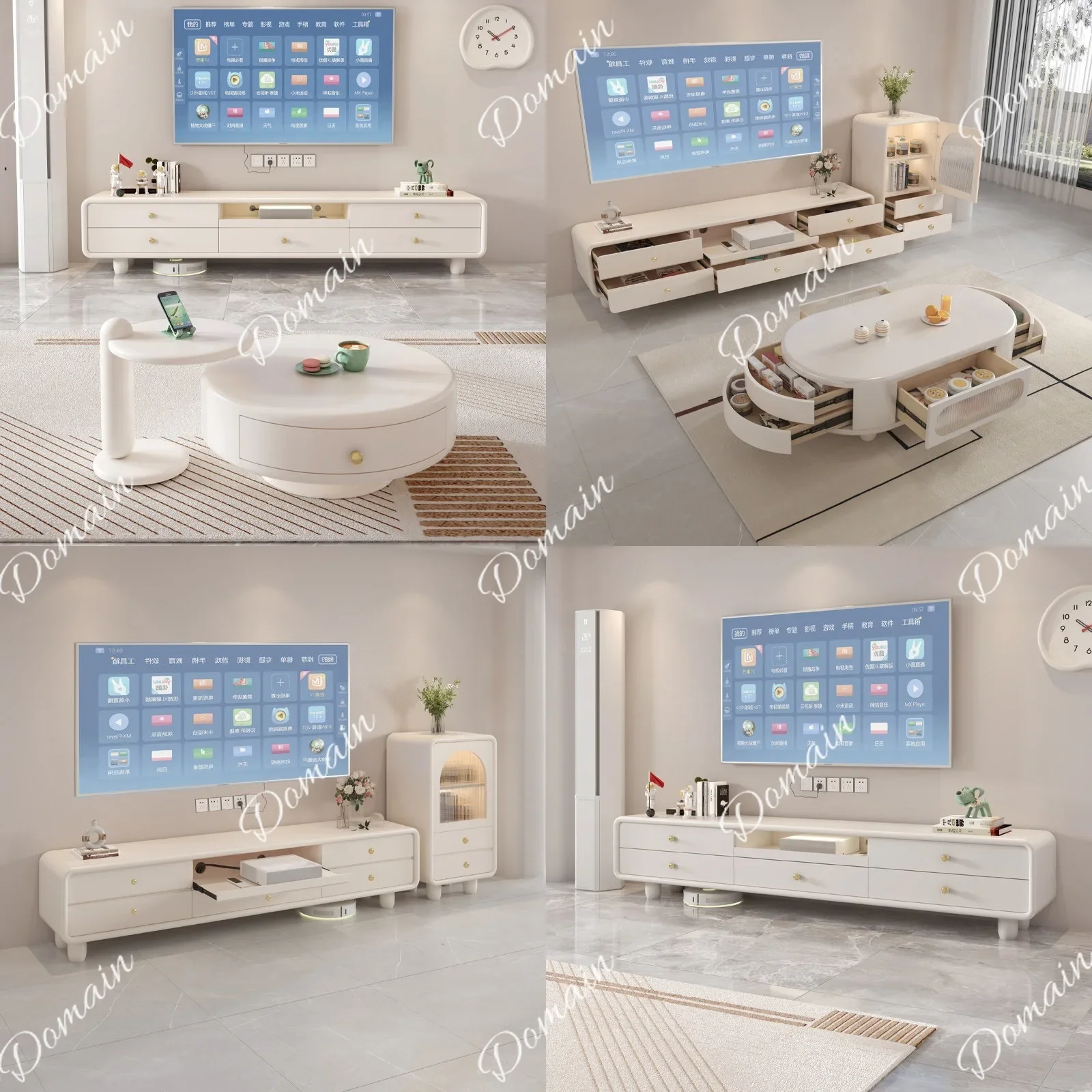 81 N New Cream Style Laser Projector Coffee Table TV Cabinet Combo for Living Room Small Apartment Luxury