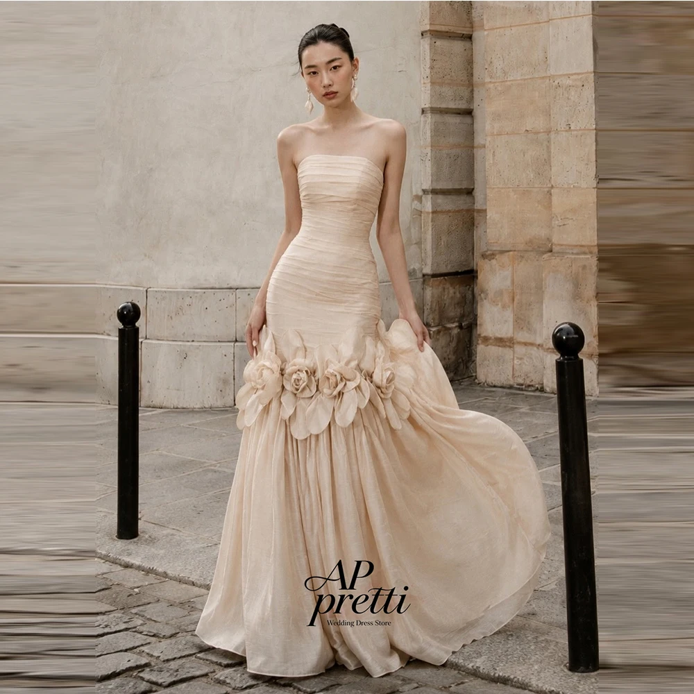 AP pretti Graceful Taffeta Wedding Dresses Handmade Flowers Strapless Customized Sleeveless Sheath Floor-Length Bridal Gown