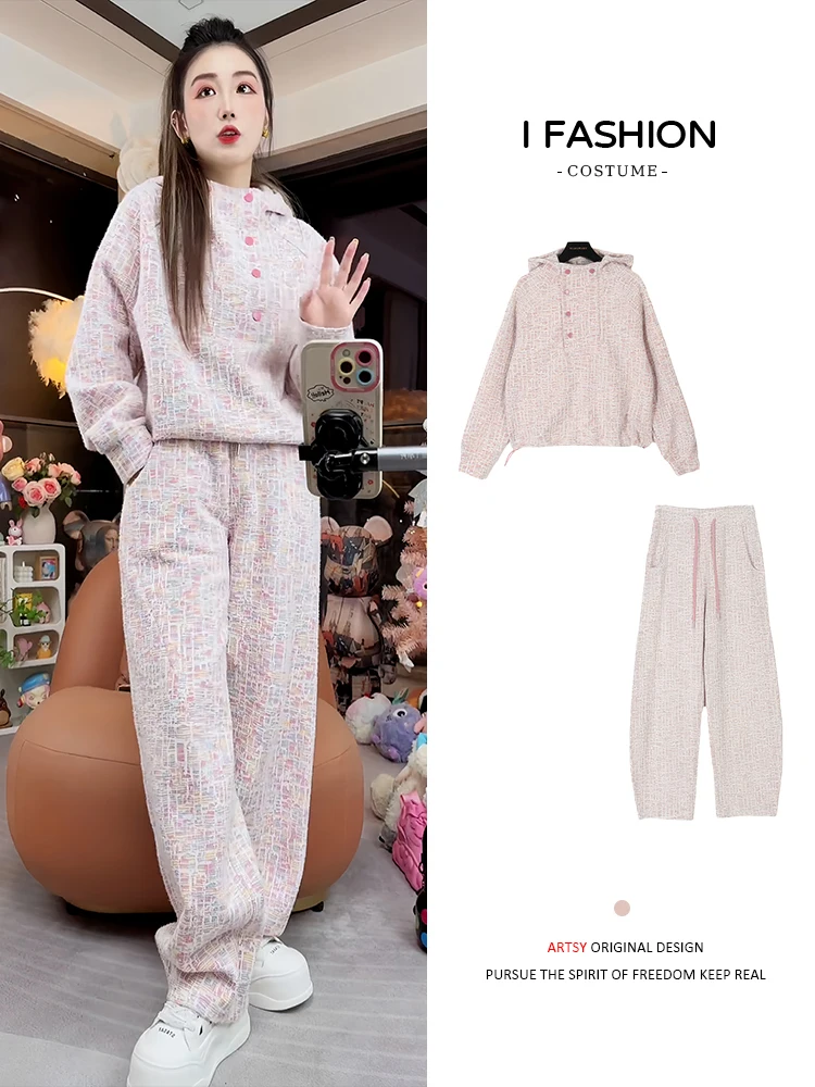   Conjunto de dos piezas con capucha y pantalones informales para mujer, conjunto de mezcla de algodón transpirable con diseño Faion para principios de otoño