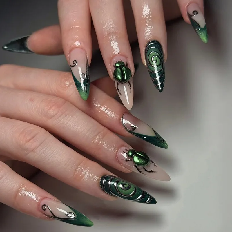 

24pcs Halloween Nails Press Ons Almond Nail Tips Green 3D Beetle Nail Seal French Self-adhesive Fake Press on Nails Glued Nails
