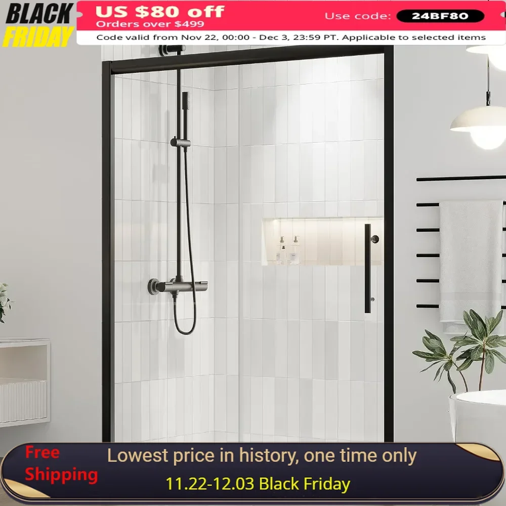 

Shower Door, 60 "W x 72 "H, with Tempered Glass, Rollers, with Waterproof Seal, Explosion-Proof Film, Bathroom Glass Shower Door