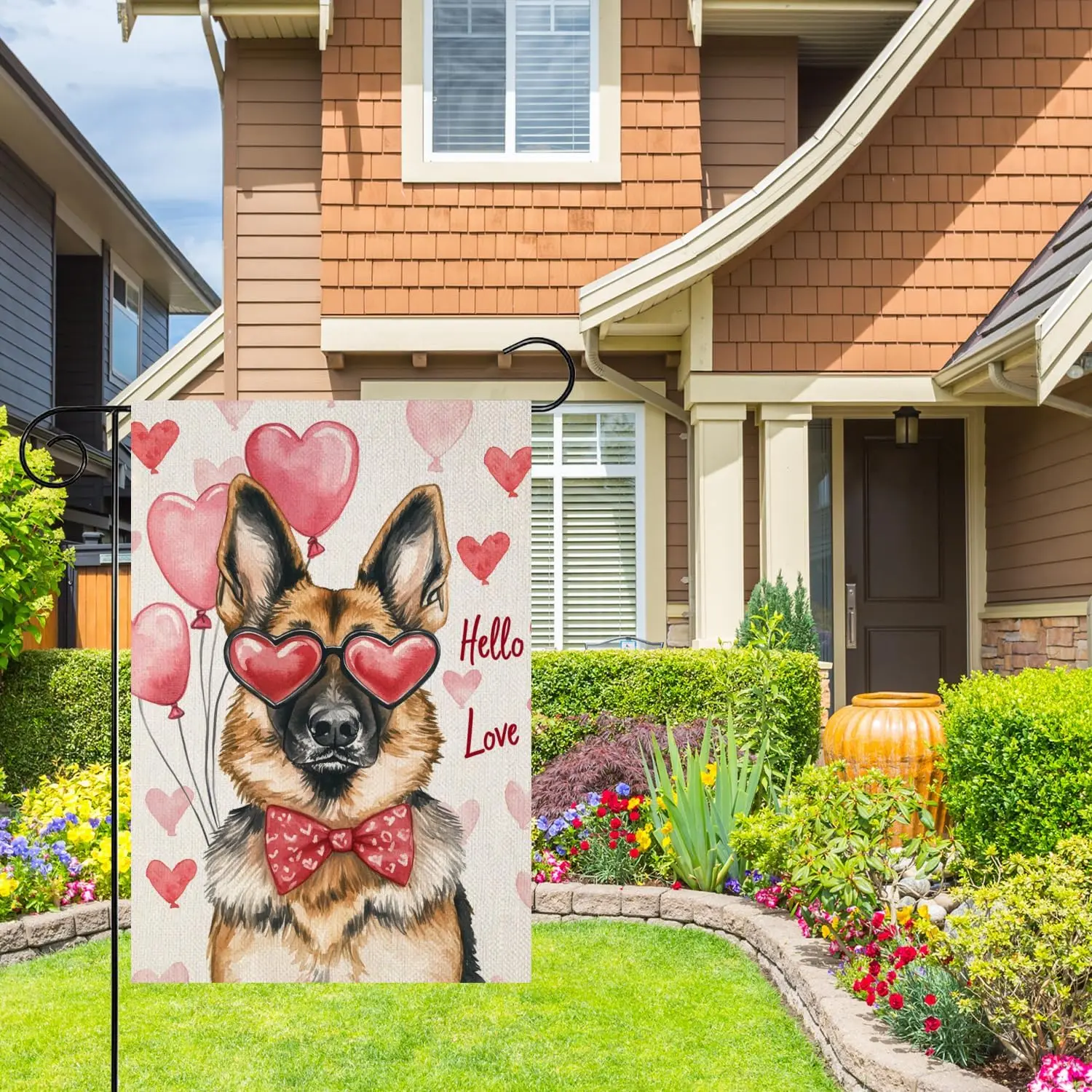 Valentine's Day German Shepherd Hello Love Garden Flag, House Yard Plaid Love Heart Outside Decoration, Spring Holiday Weddi hhz
