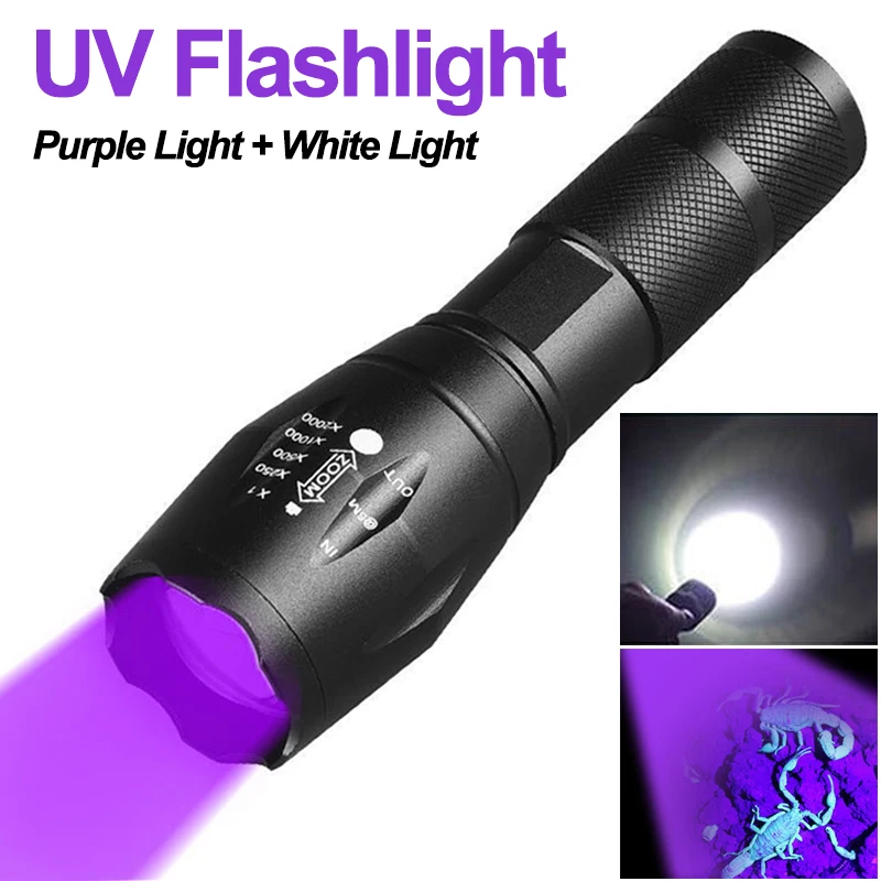 Rechargeable 395nm UV Flashlight Purple White Dual Light Torch Zoom Waterproof Lantern for Outdoor Camping Scorpion Pet Stains