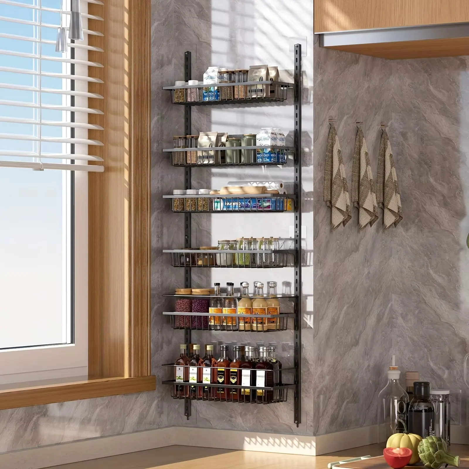 

Non-drilled kitchen food storage rack, food storage and organization function, 6 adjustable hanging baskets, spice rack, seasoni