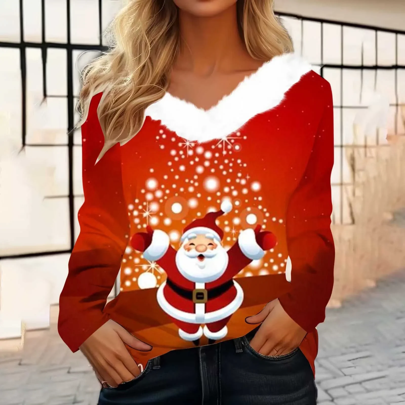 Pelz kragen Weihnachten Frauen lange Ärmel T-Shirt Cartoon Elch Druck Nachahmung Baumwolle T-Shirt Dame Sweatshirt Mode Pullover