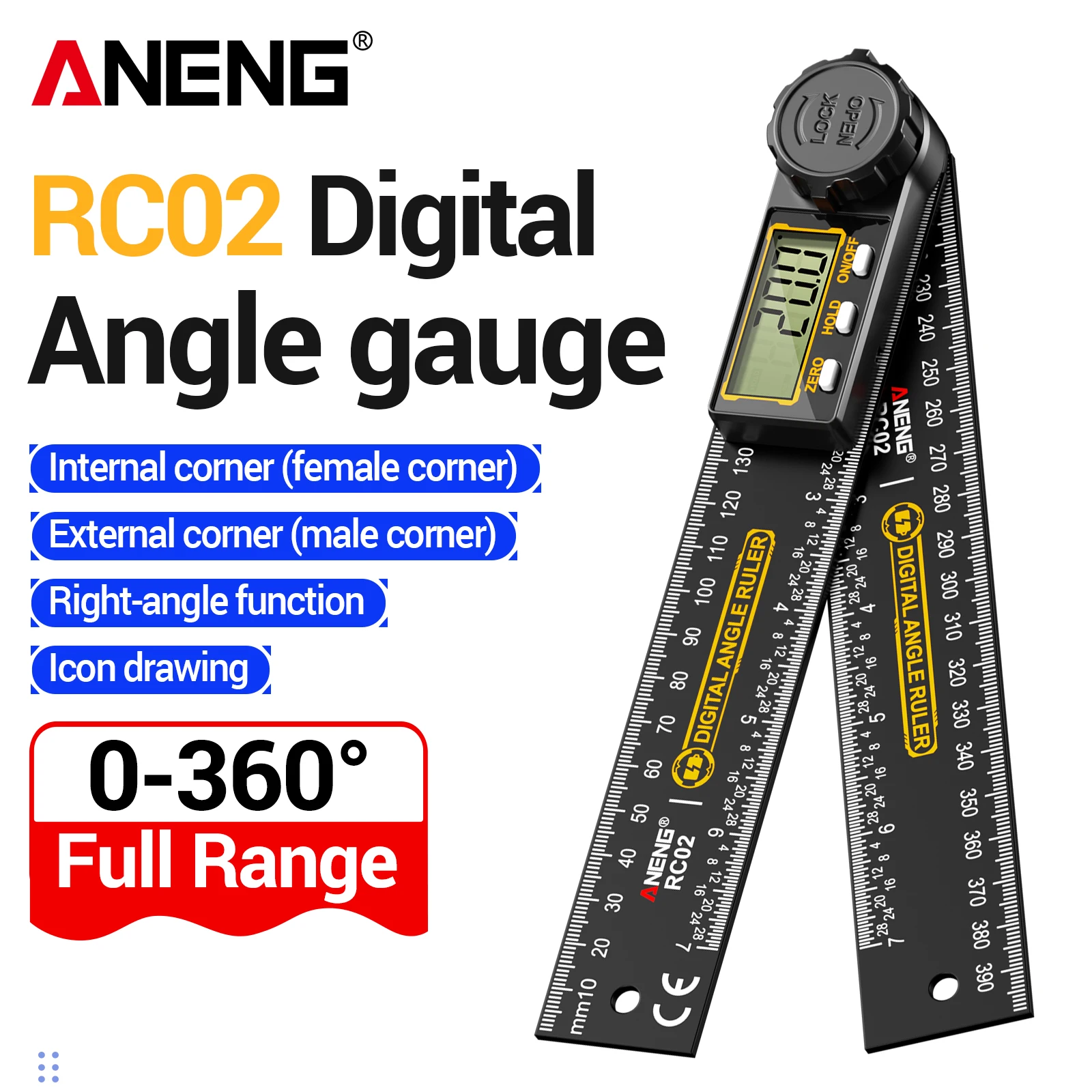 ANENG RC02 Digital Angle Protractor Ruler 0‑360 Degree 200mm Metric Imperial Rechargeable LCD Woodworking Angle Measuring Gauge