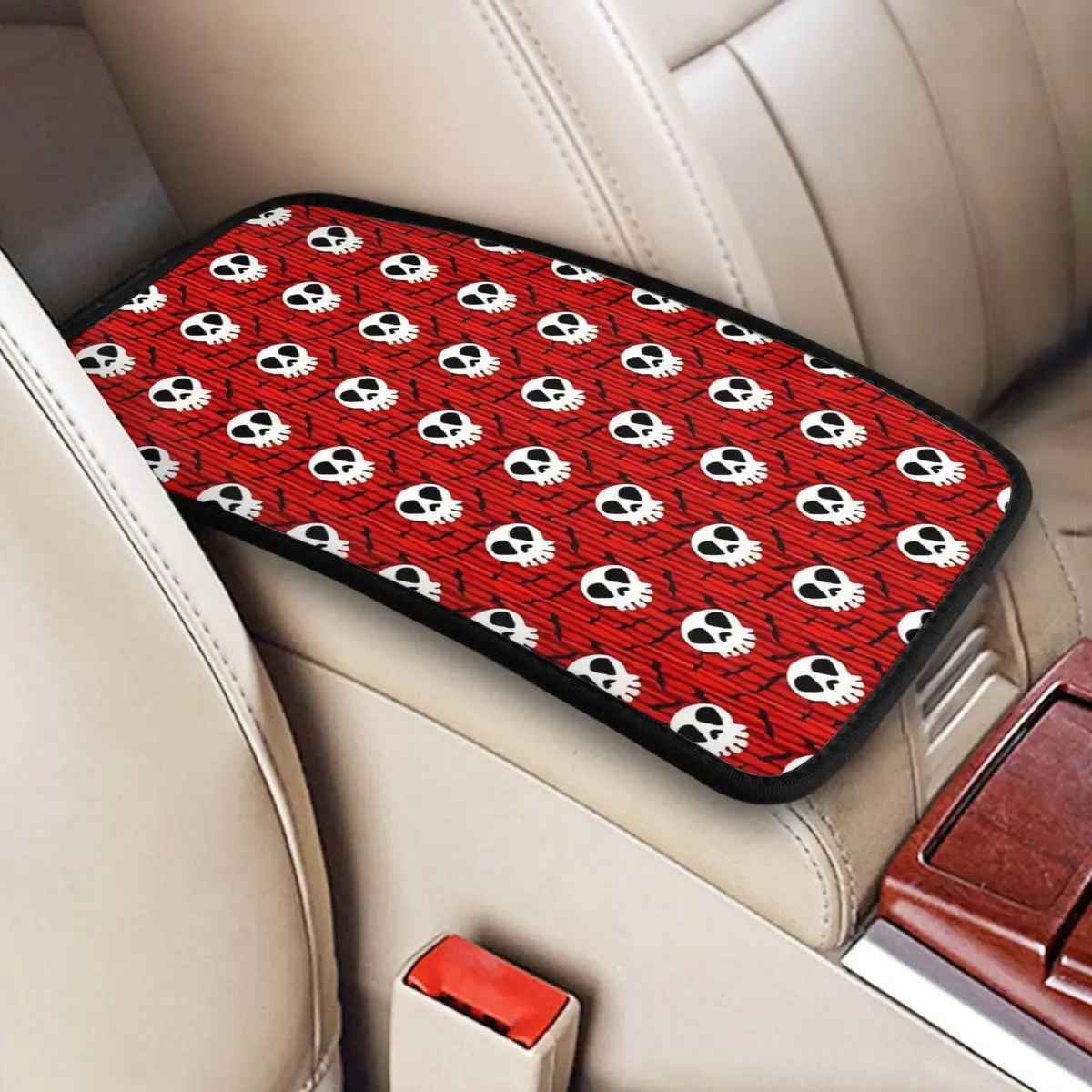 Leather Car Armrest Cover Mat Haunted Mansion Plaid Non-slip Center Handle Box Pad Cushion Halloween Car Interior Accessories