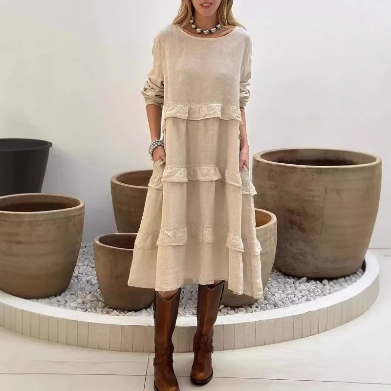 

2025 Spring and Summer Long-sleeved Splicing Crew Neck Design Women's Dress