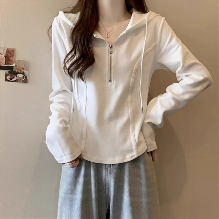 

Autumn and Winter New Plus Size Women's Clothing, Front Shoulder Slimming, Cotton Long Sleeved T-shirt,Stylish Hooded Base Shirt
