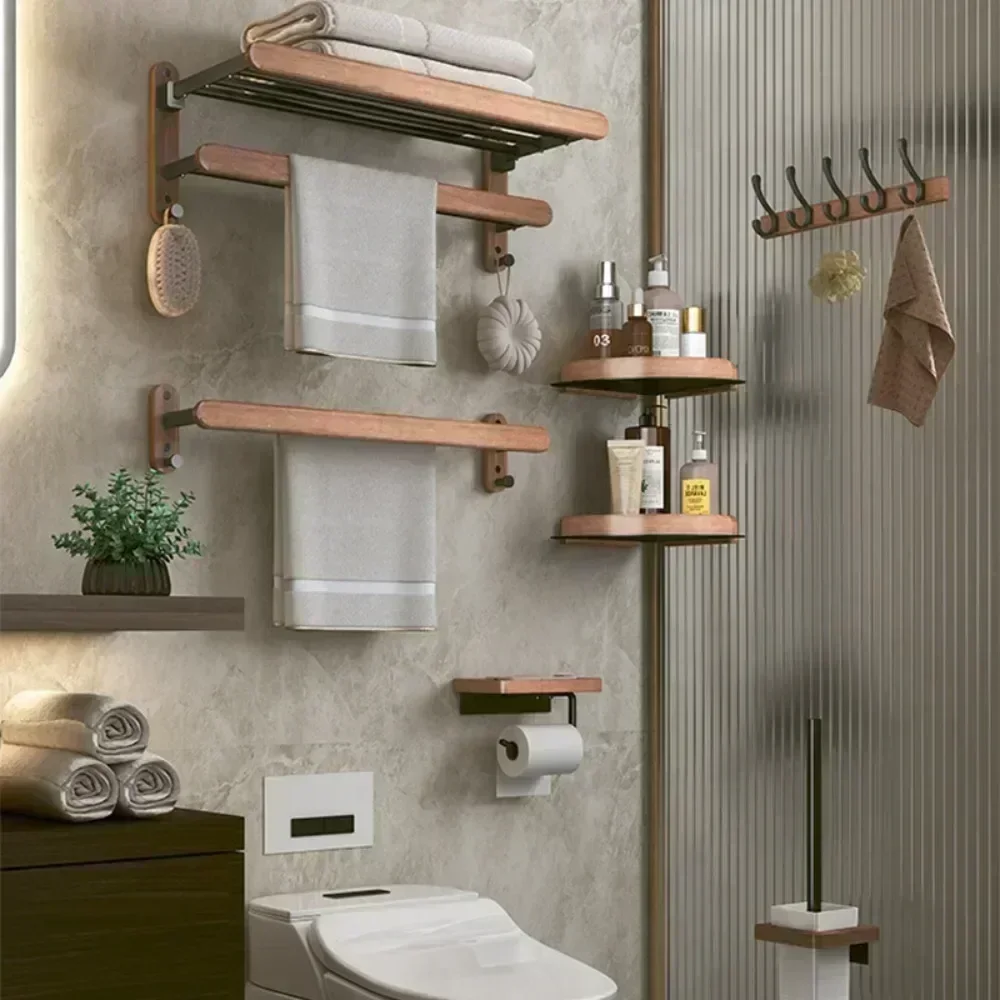 Solid Wood Space Aluminium Towel Rack Double Shelf Wall Mounted Black Shower Organiser Bathroom Accessories Hook Holder