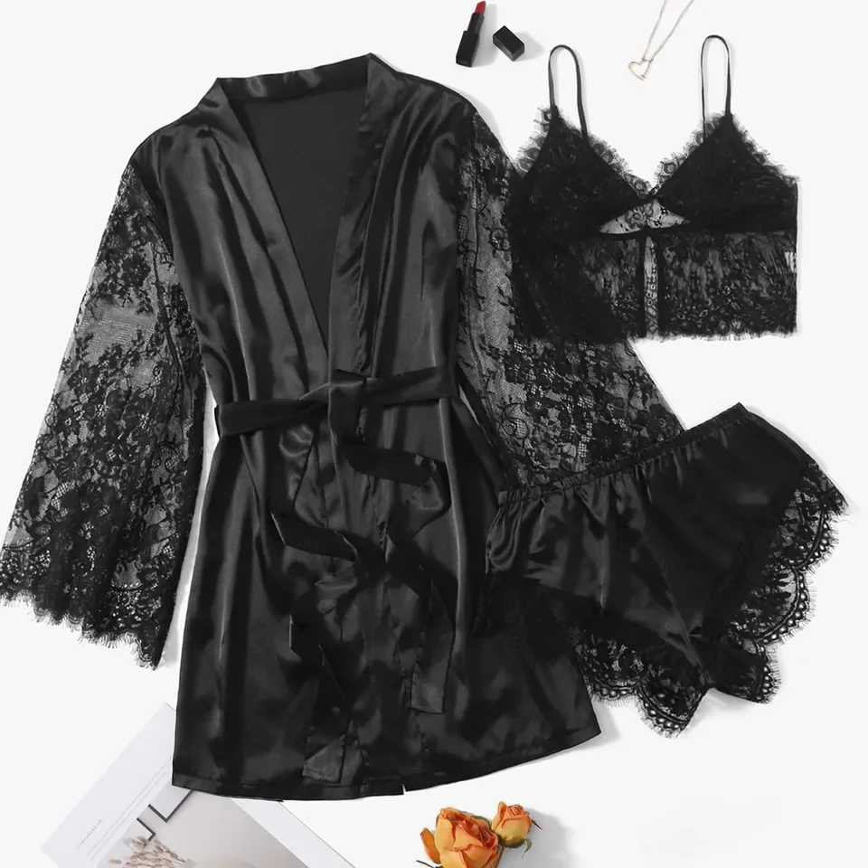 

Satin Lace Splicing Sleepwear Sets Women Loose Plus Size Pajamas Robes See-Through Lace Underwear Women ночнушка женская