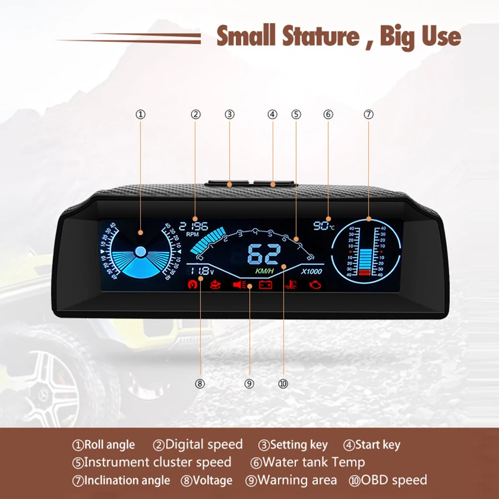 X90 OBD2 Slope Meter Inclinometer Car HUD Automotive Tilt Pitch Angle Protractor Latitude Longitude Speed PMH KMH