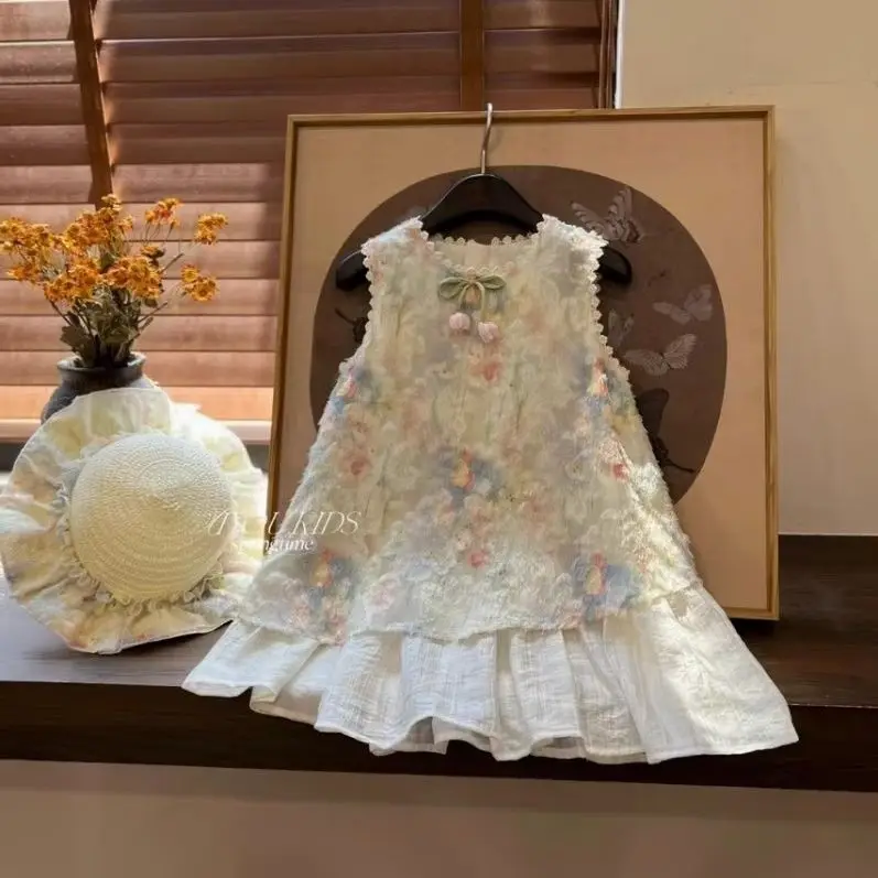 

Girls Lace Trim Floral Dress Sleeveless Watercolor Print Tiered Skirt with Bow & Flower Detail Breathable Summer Outfit for Girl