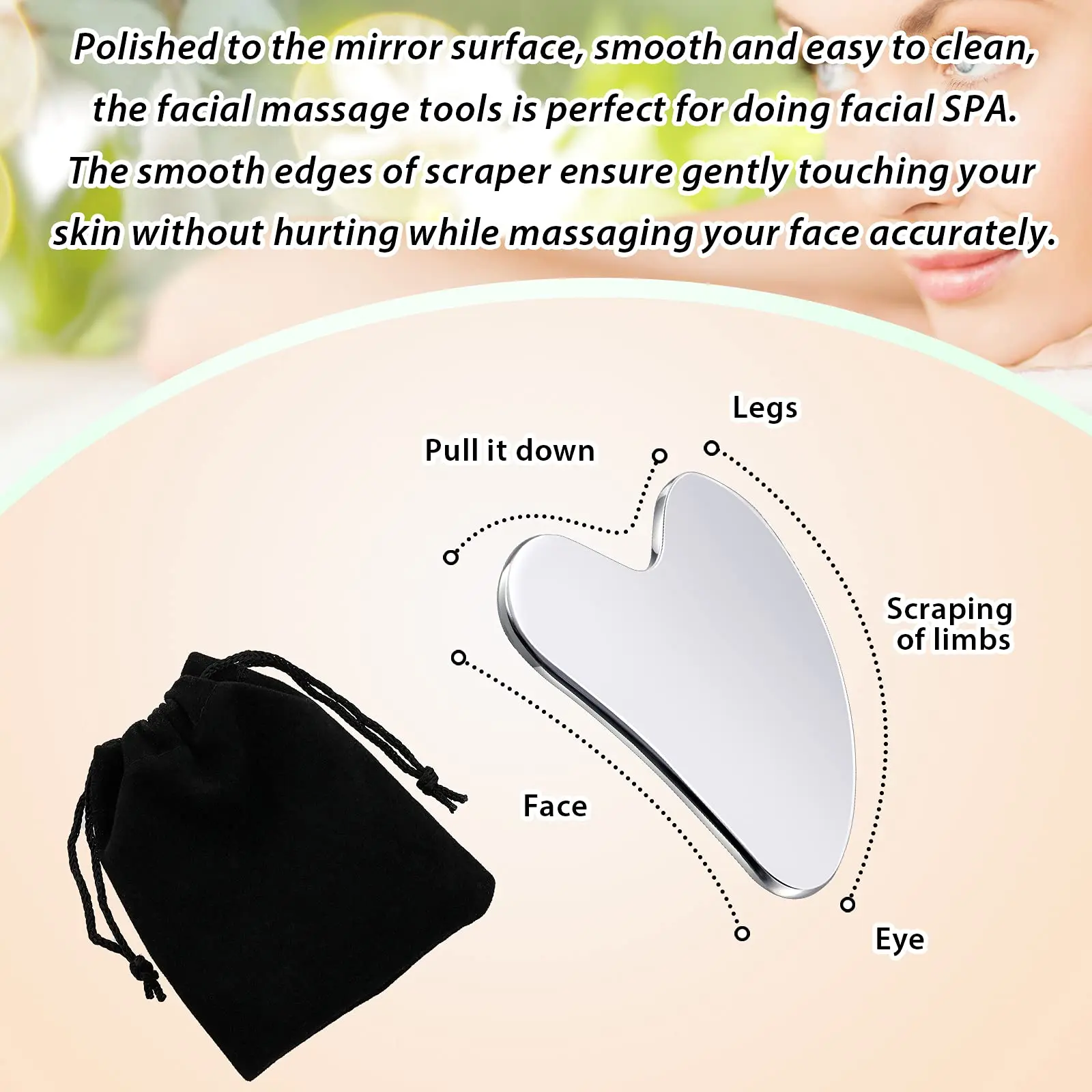 Stainless Steel Gua Sha Facial Tools Guasha for Face Tighten Skin Massage Guasha Beauty Tool Body Eyes Neck Massager with Pouch