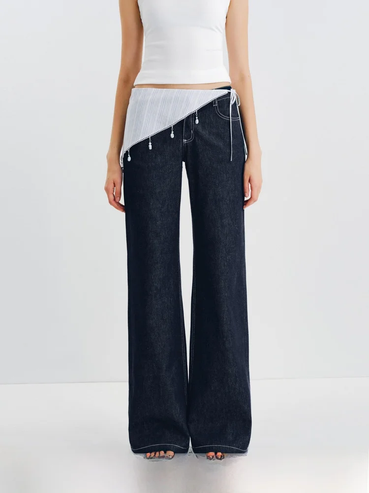 

Low Waist Straight Leg Jeans PUKI Original Cow Stripe Hanging Bead Scarf Detachable False Two-Piece Women's Summer Fashion