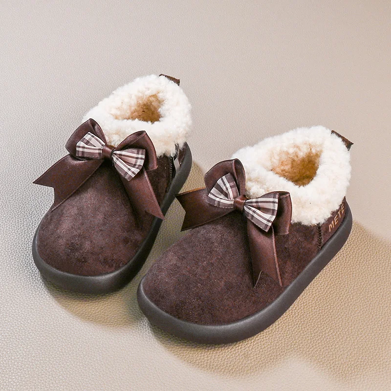

Children's Winter Shoes 2025 New Sweet Bowknot Girls Cotton Shoes Causal Brown Fashion Kids Outdoor Plush Shoes Princess Elegant