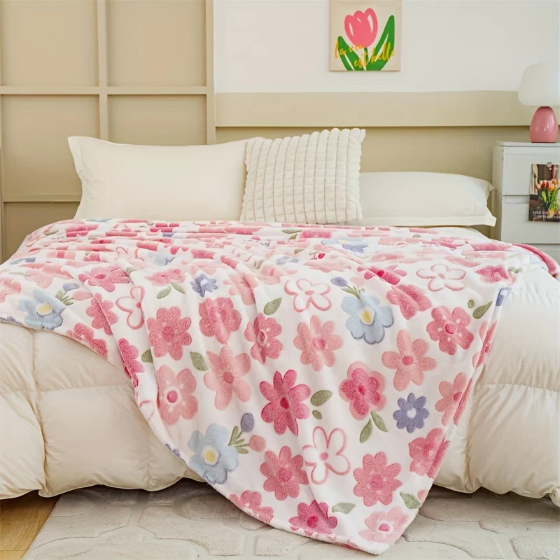 Super Soft Floral Print Throw Blanket Flannel Fleece Polyester Bedding Throw for Couch Decor Cozy Gift Multi Color Pink Blue Pin