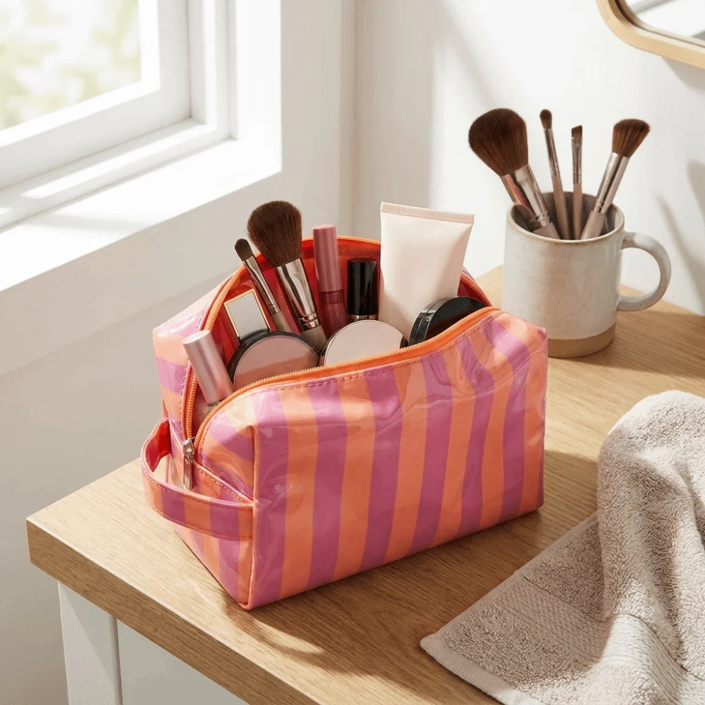 Casual Waterproof Striped Toiletry Bag Pink Simple PVC Makeup Organizer Large Capacity Portable Toiletry Storage Bag Women