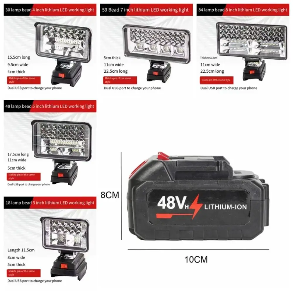 Flashlight 18V LED Work Light Li-ion Battery with USB Camping Lamp Charger Adapter Multifunctional Electric Torch Indoor