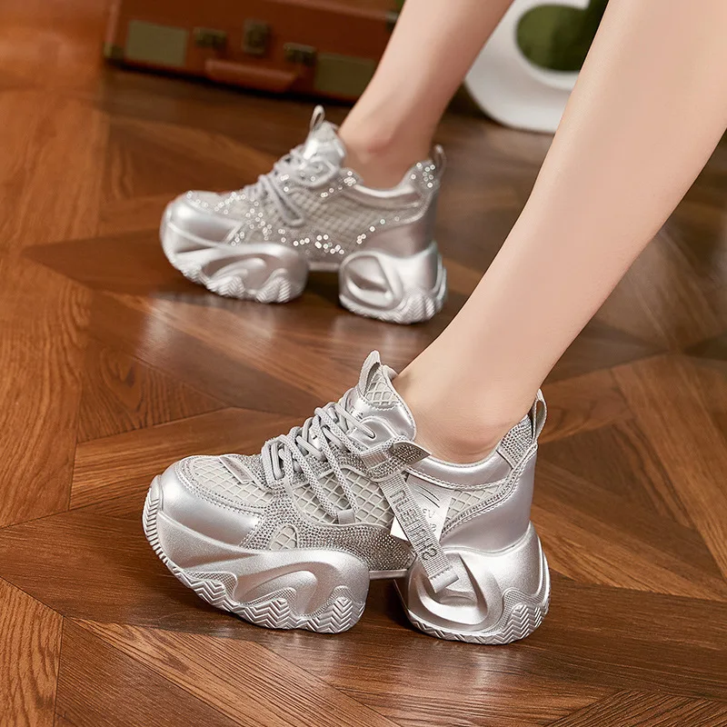 Spring Autumn Chunky Sneakers Women Dad Shoes Mesh Breathable Rhinestone Platform Thick Sole Height Increasing Casual Trainers