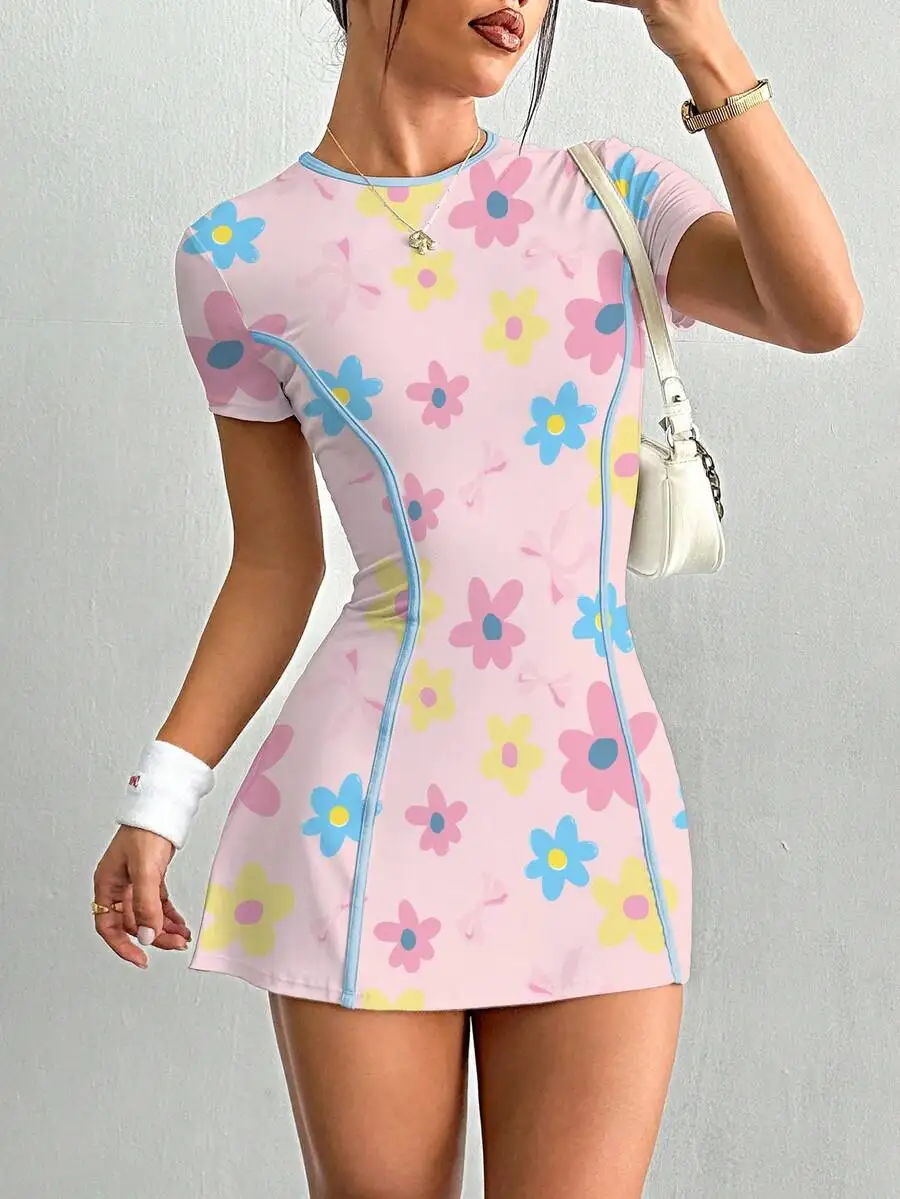 

Womens Floral Print Short Sleeve Tennis Dress Slim Fit Athletic Sport Dress With Side Stripes