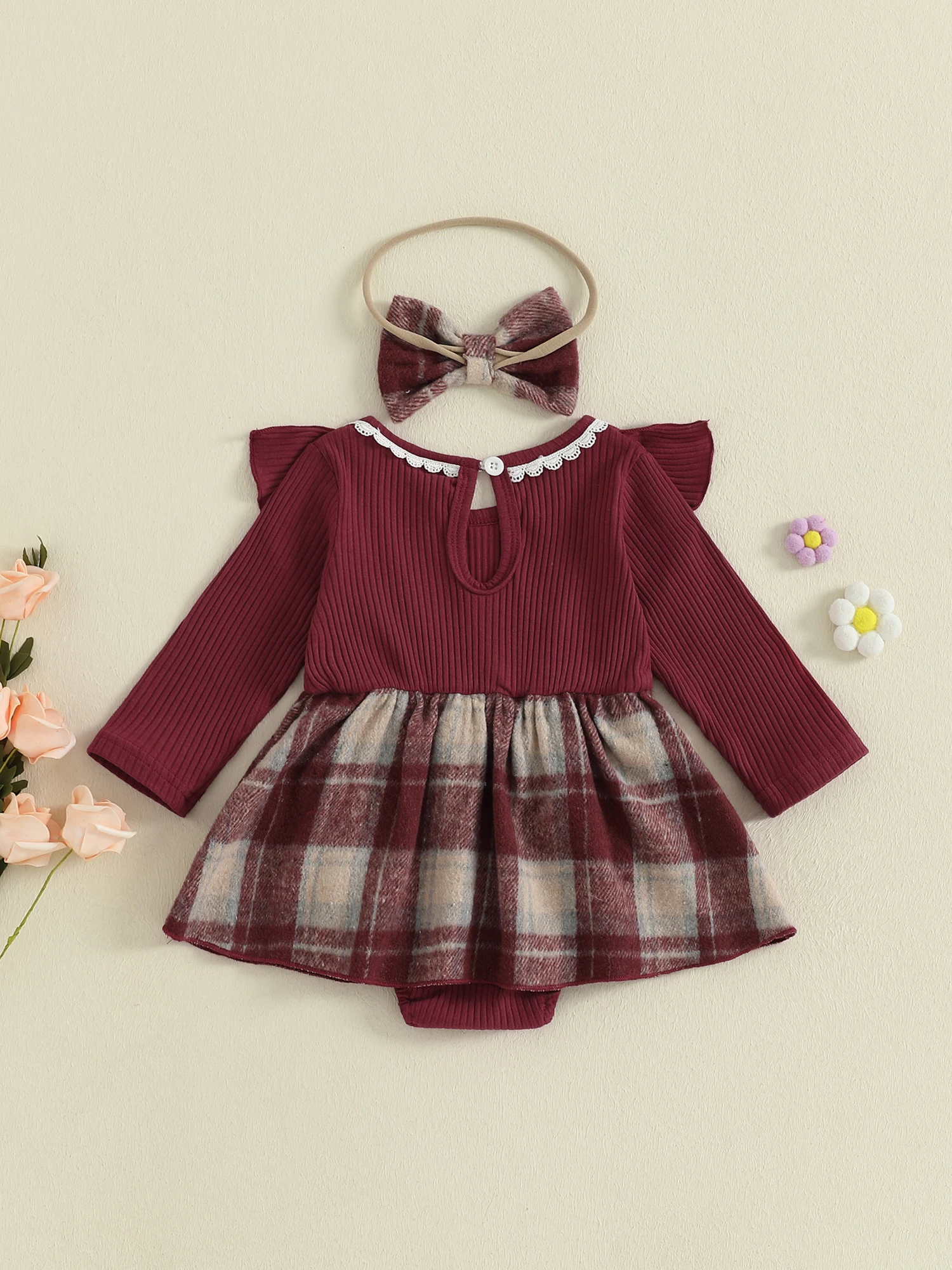 

Infant Baby Girl Outfit Stylish Long Sleeve Crew Neck Plaid A-line Romper Dress with Matching Bow Headband Set for Newborns
