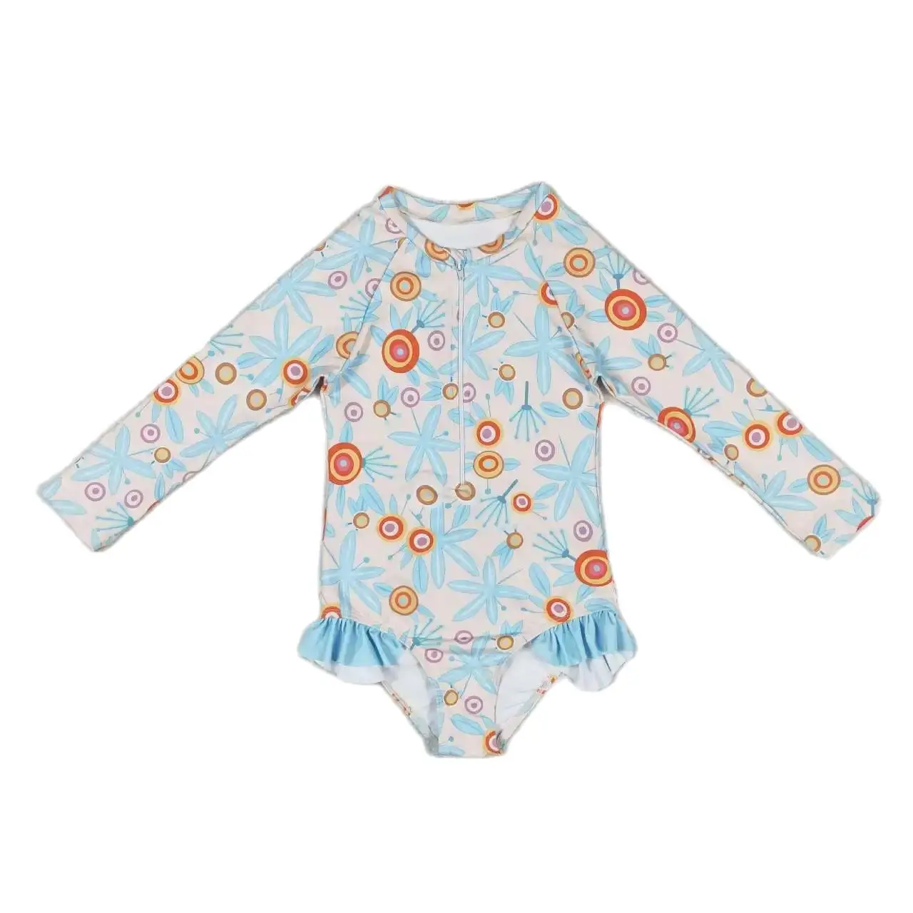 GSD0882  Kids Clothes Girl Long Sleeves Top Leaf Orange Circle Zipper Print  With One-Piece Swimsuit Children Clothes