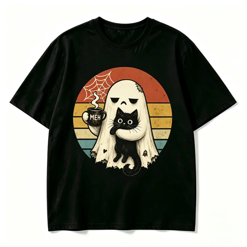 Men Halloween Ghost Holding Black Cat Coffee Cup T Shirt Retro Circle Spider Web Graphic Casual Cotton Tee Tops Harajuku