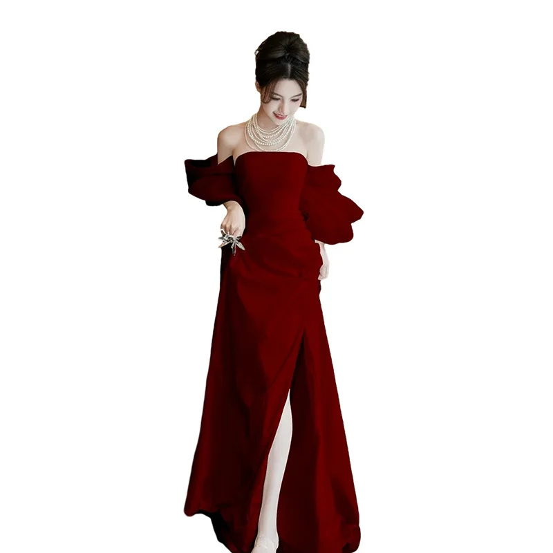 Wine Red Off Shoulder Evening Dress Sweet Puff Sleeve Engagement Dresses Fashion Split Floor-Length  A-Line Wedding Party Gown