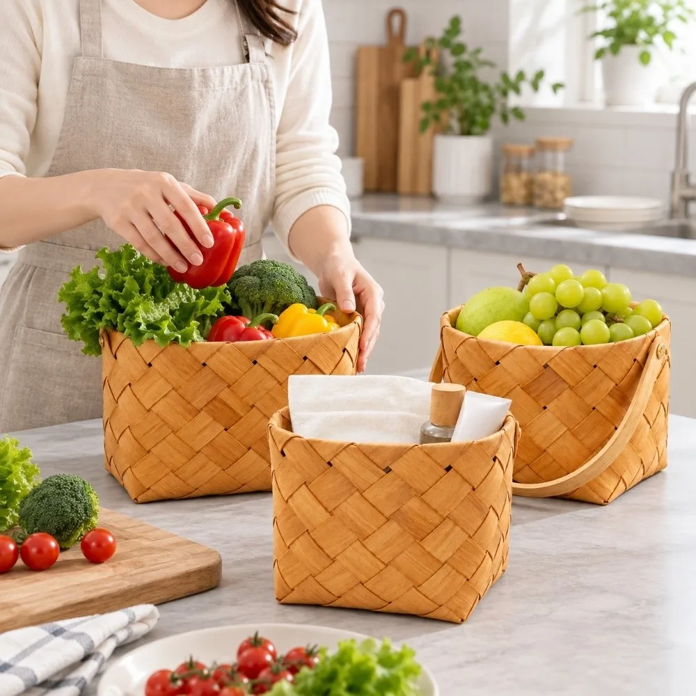 New Handheld Bread and Fruit Basket with Handle 2 Styles Handmade Wood Basket Handmade Storage Baskets For Home Wedding Decor