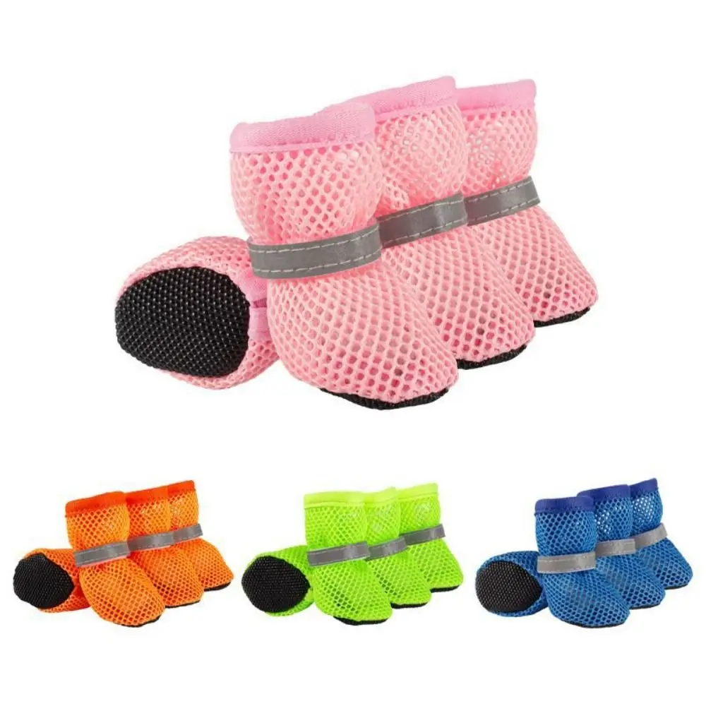 4pcs/set Fashion Breathable Dog Mesh Shoes Reflective Non-slip Pet Short Boots Wear Resistant Hollow Out Dog Shoes Summer