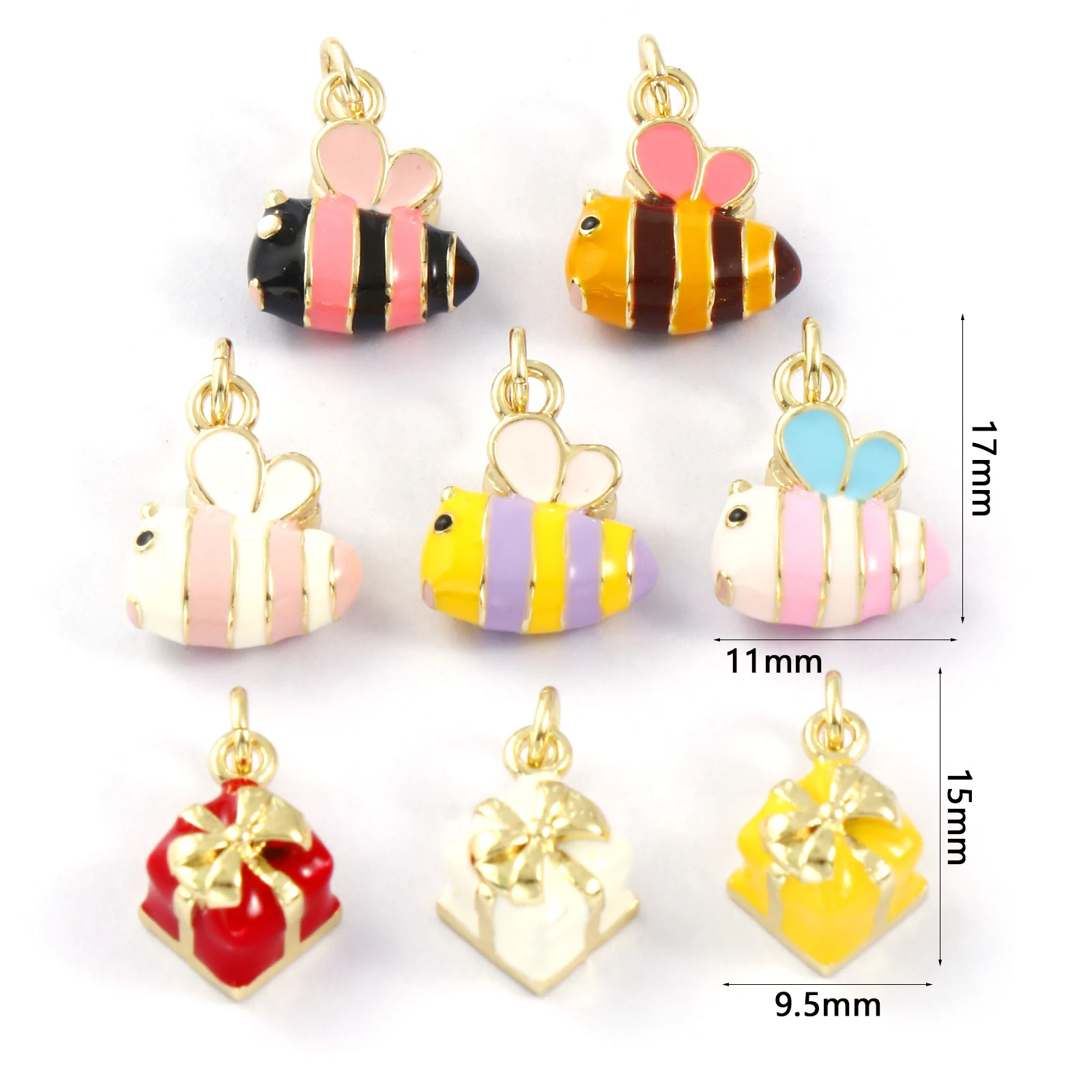 2pcs New Cartoon Brass Charms Gold Color Bee Animal Gift Box Multicolor Enamel Pendants DIY Necklace Earrings Jewelry Findings