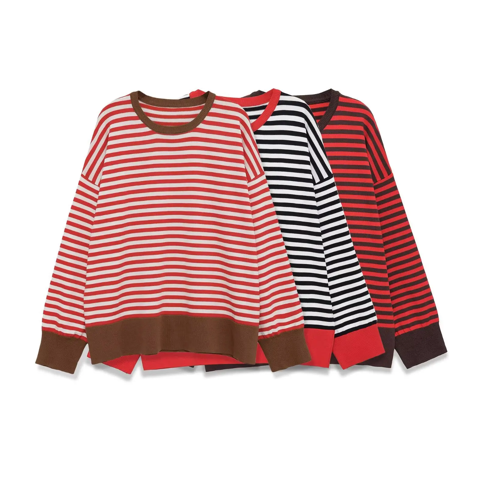 

Модная свободная полосатая футболка с круглым вырезом и длинными рукавами YKI0