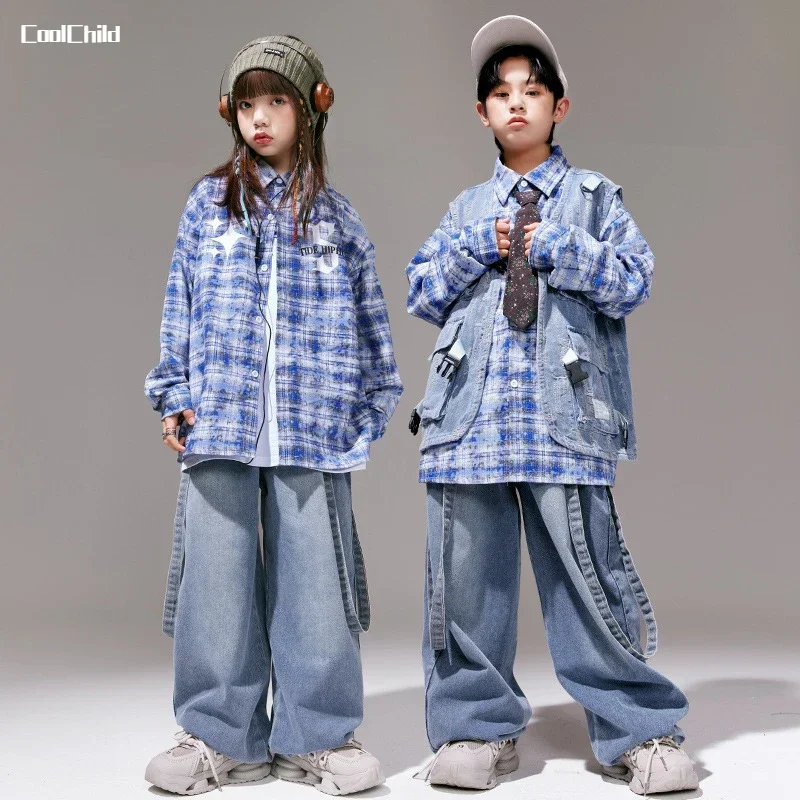 Hip Hop Boys Paid Shirt Denim Vest Loose Jeans Girls Jazz Blouse Child Street Dance Clothes Sets Kids Streetwear Teens Costumes