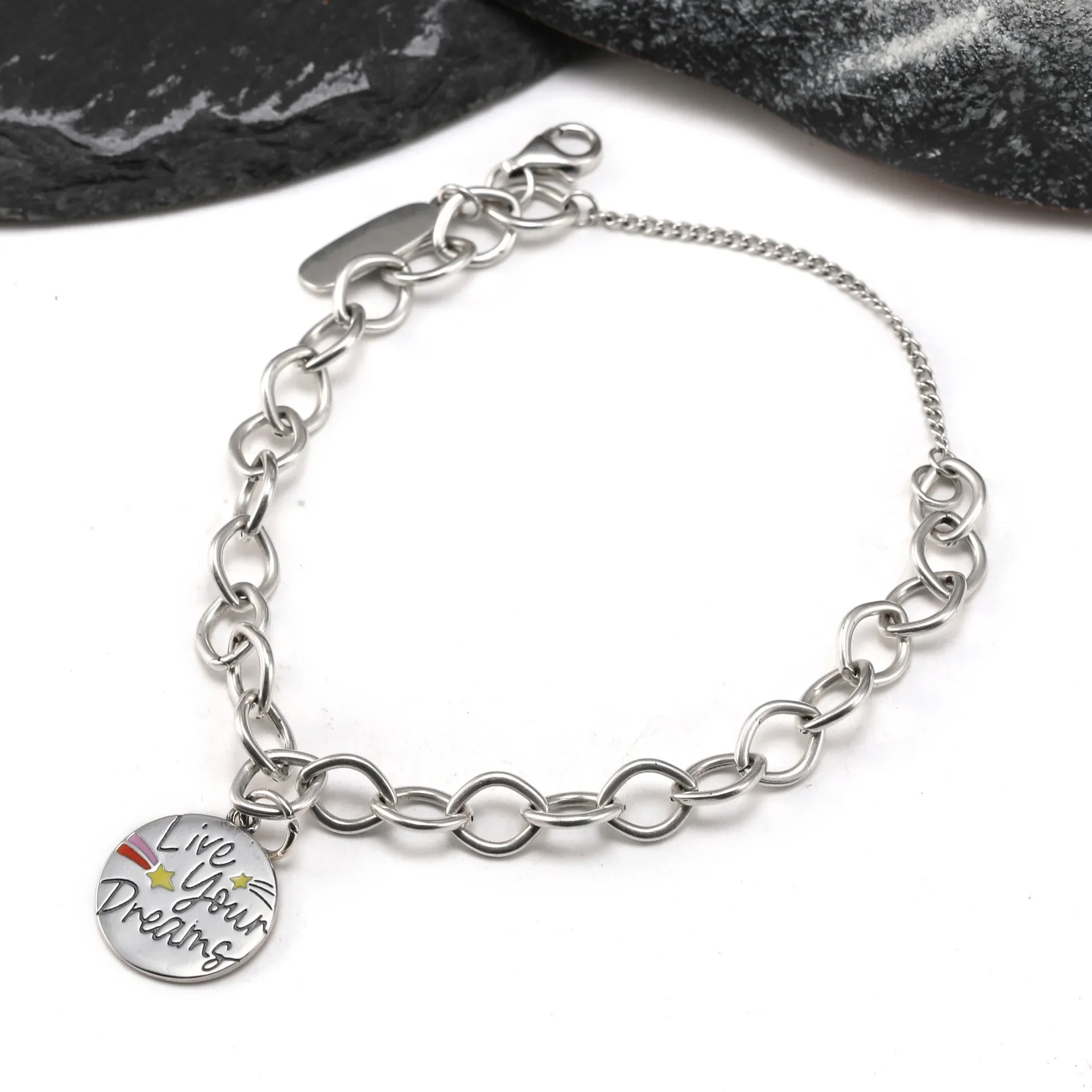 Vintage Silver Charm Bracelet for Women, Chunky Link Chain Bracelet with Live Your Dreams Coin, Bamboo, Santa Claus & Texas Map Pendant, Adjustable Retro Metal Wrist Jewelry, Trend Stackable Bracelets, Birthday Holiday Gift for Girls Daily Wear