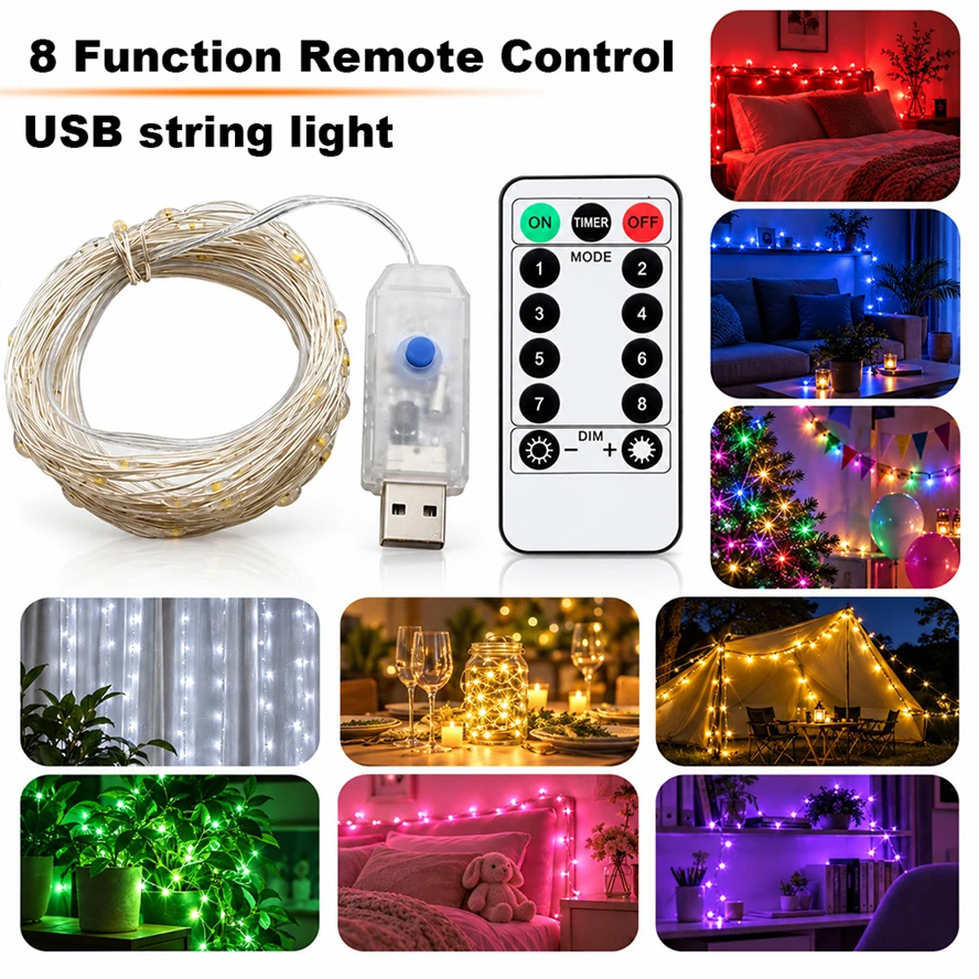 8 Function Remote Control LED Fairy Lights USB String Lights 20m-1m Home Wedding Christmas Day Holiday Party Decorative Lights